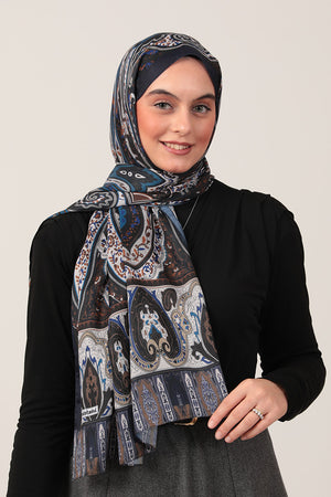 Pamuk İpek Şal - Etnich Desen - Lacivert Camel