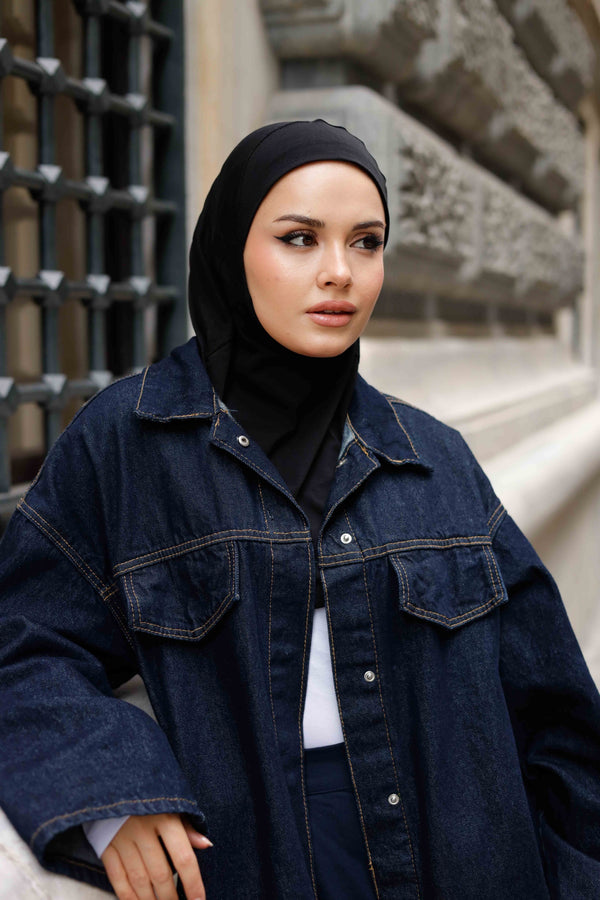 Boyunluklu Hijab Bone - Düz - Siyah