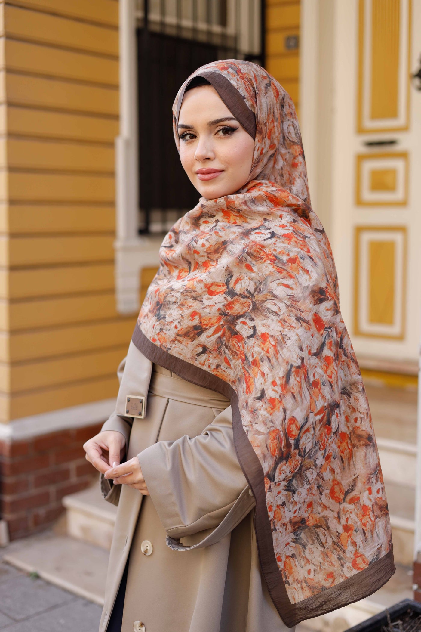 Tensel Şal - Batik Desen - Kahve Turuncu