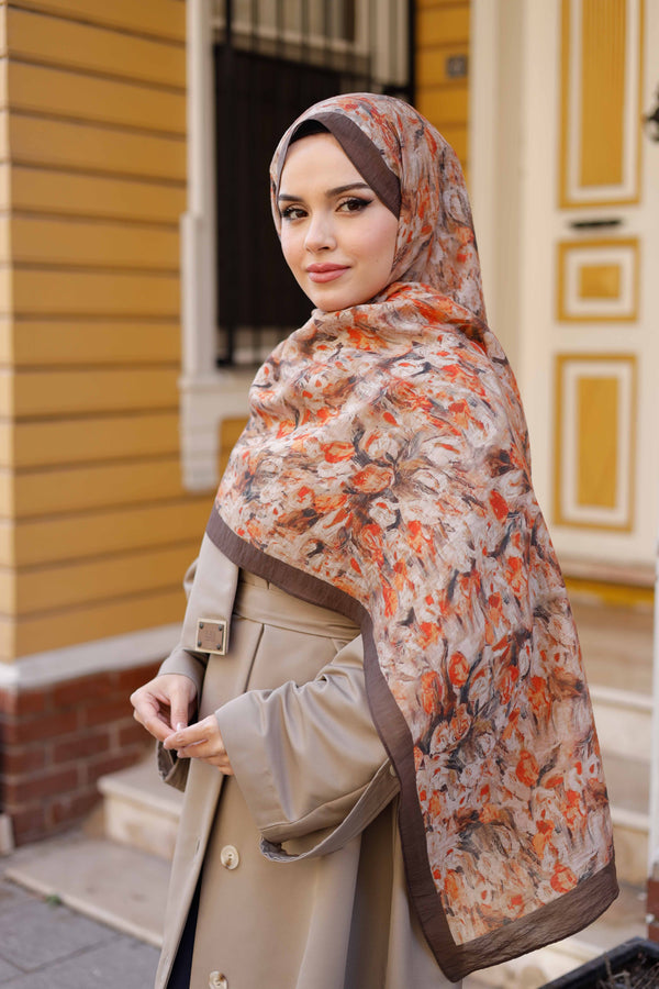 Tensel Şal - Batik Desen - Kahve Turuncu