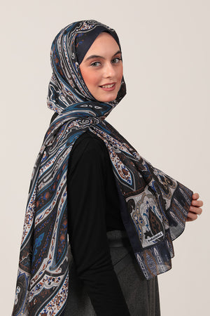 Pamuk İpek Şal - Etnich Desen - Lacivert Camel