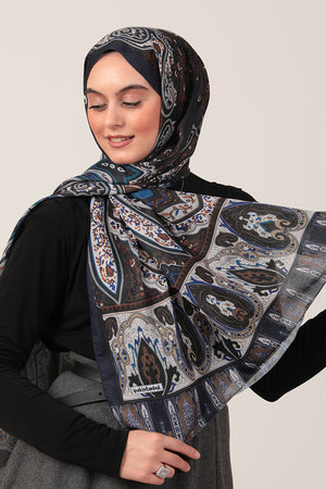 Pamuk İpek Şal - Etnich Desen - Lacivert Camel