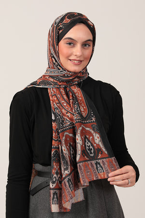 Pamuk İpek Şal - Etnich Desen - Siyah Kiremit