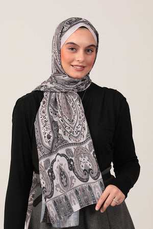Pamuk İpek Şal - Etnich Desen - Vizon