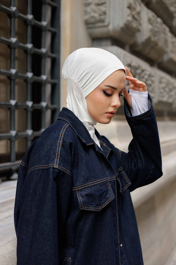 Boyunluklu Hijab Bone - Özel Üretim - Ekru