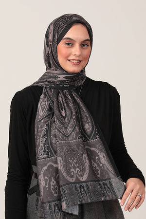 Pamuk İpek Şal - Etnich Desen - Siyah Haki
