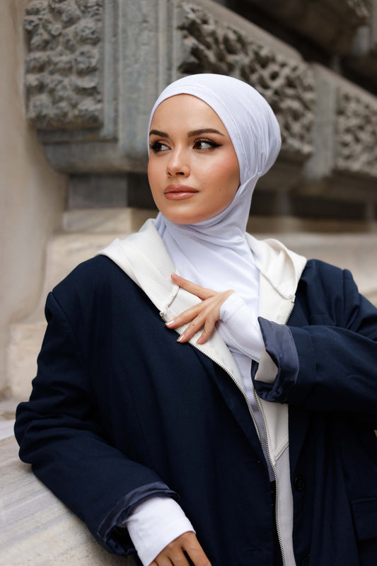 Boyunluklu Hijab Bone - Özel Üretim - Beyaz