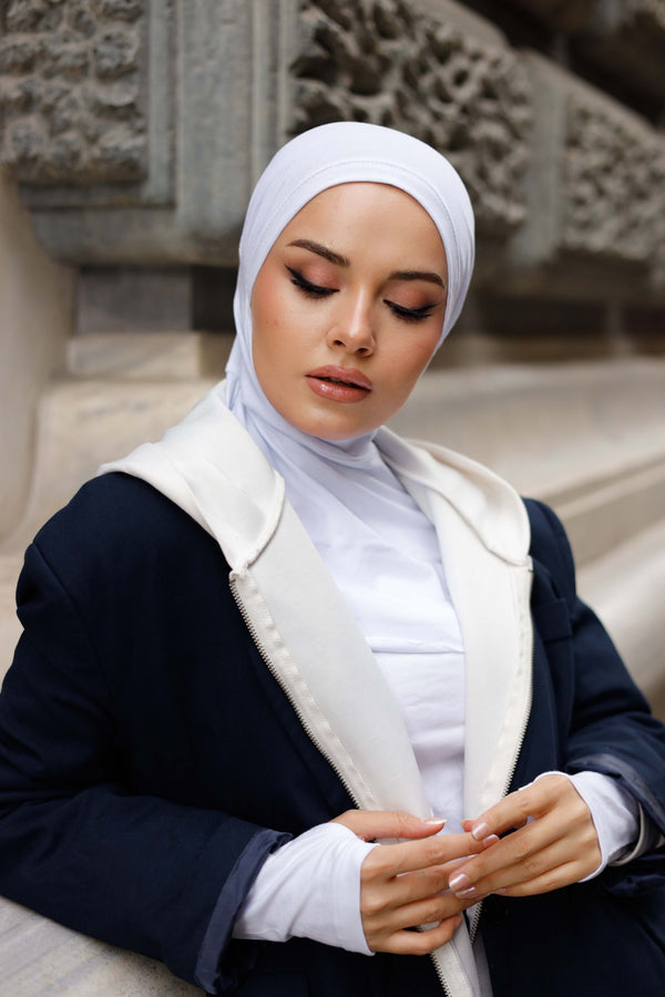 Boyunluklu Hijab Bone - Özel Üretim - Beyaz