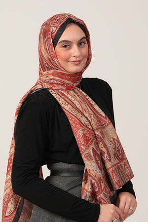 Pamuk İpek Şal - Etnich Desen - Turuncu