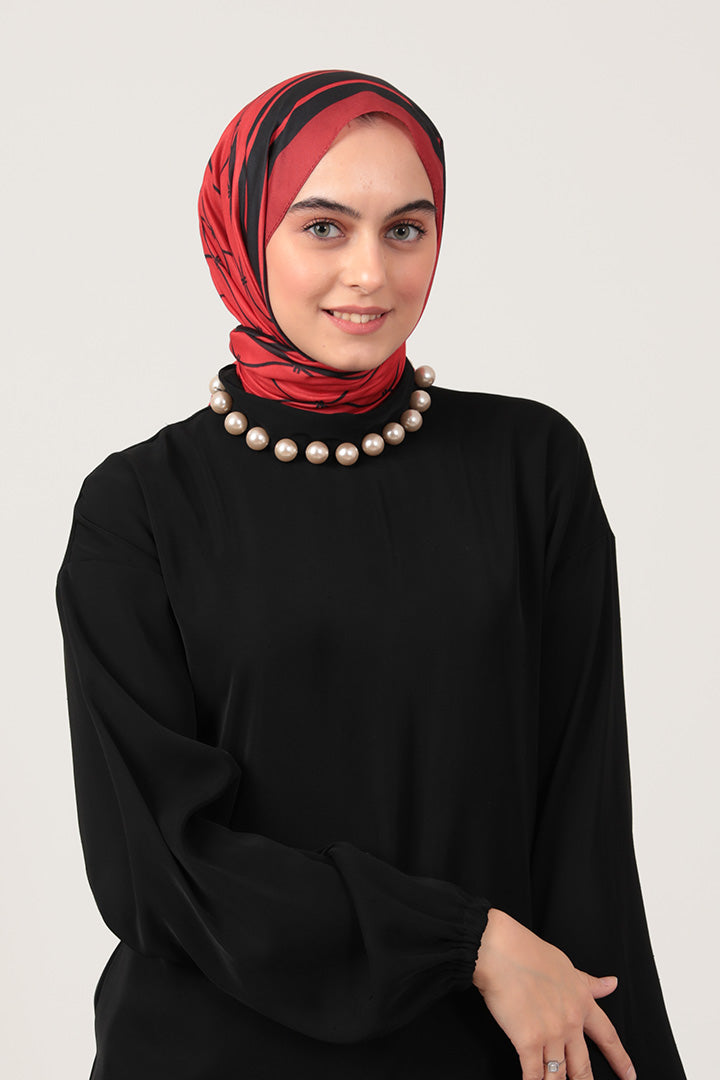 Pamuk İpek Şal - Dalga Desen - Bordo