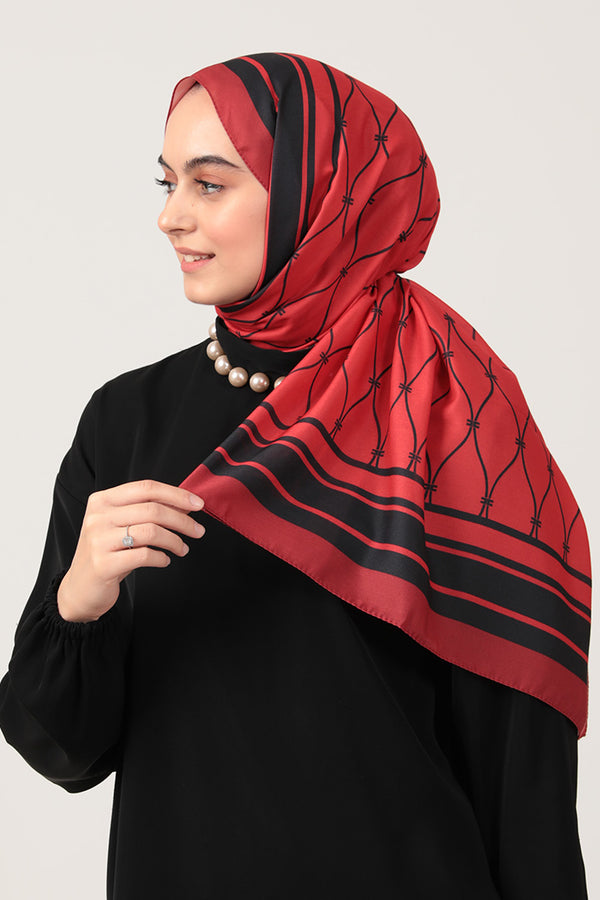 Pamuk İpek Şal - Dalga Desen - Bordo