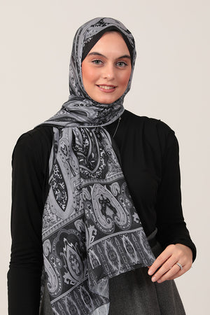 Pamuk İpek Şal - Etnich Desen - Siyah Gri
