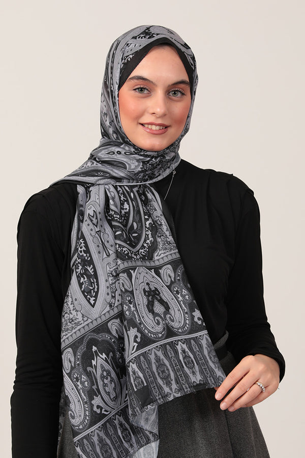 Pamuk İpek Şal - Etnich Desen - Siyah Gri