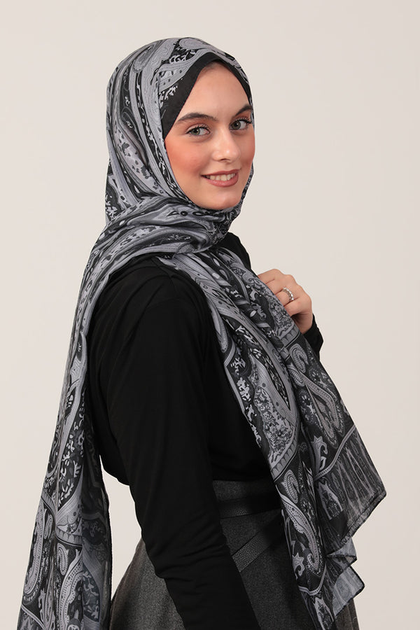 Pamuk İpek Şal - Etnich Desen - Siyah Gri
