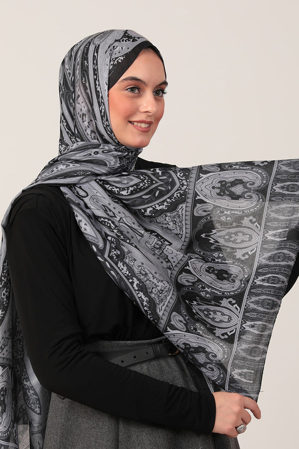 Pamuk İpek Şal - Etnich Desen - Siyah Gri