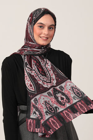 Pamuk İpek Şal - Etnich Desen - Siyah Fuşya