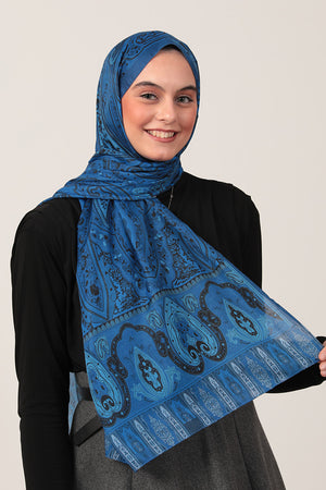Pamuk İpek Şal - Etnich Desen - Saks Mavisi