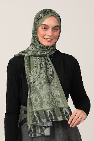 Pamuk İpek Şal - Etnich Desen - Açık Yeşil