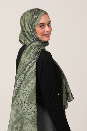 Pamuk İpek Şal - Etnich Desen - Açık Yeşil