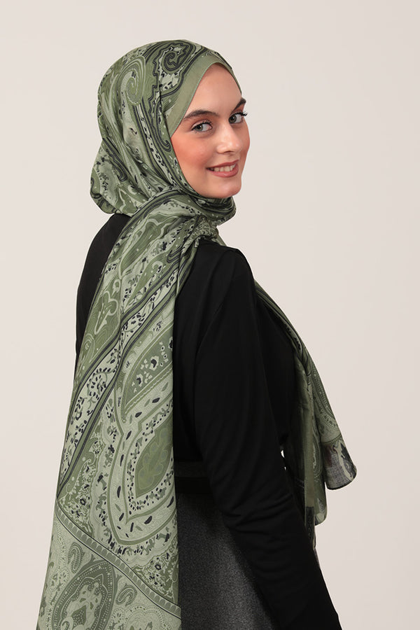 Pamuk İpek Şal - Etnich Desen - Açık Yeşil