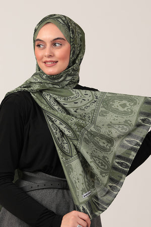 Pamuk İpek Şal - Etnich Desen - Açık Yeşil