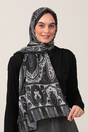 Pamuk İpek Şal - Etnich Desen - Siyah Krem