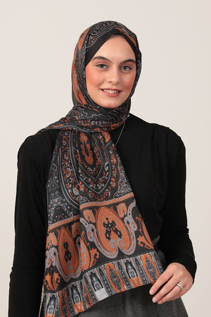 Pamuk İpek Şal - Etnich Desen - Siyah Tarçın