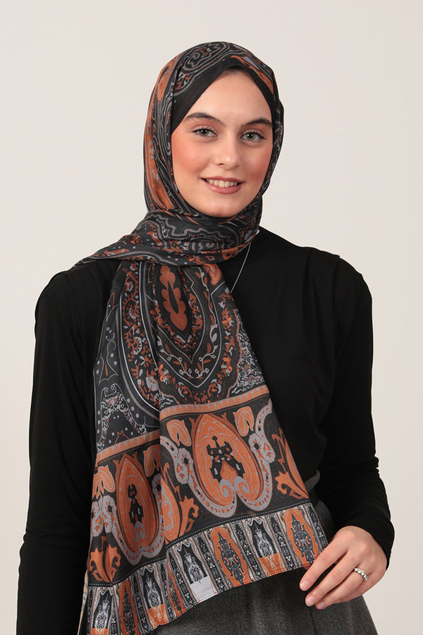 Pamuk İpek Şal - Etnich Desen - Siyah Tarçın