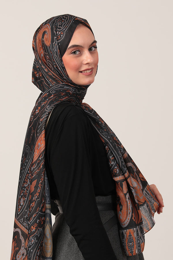 Pamuk İpek Şal - Etnich Desen - Siyah Tarçın