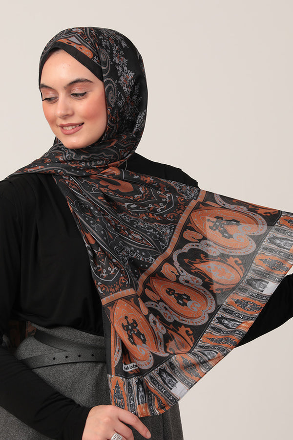 Pamuk İpek Şal - Etnich Desen - Siyah Tarçın