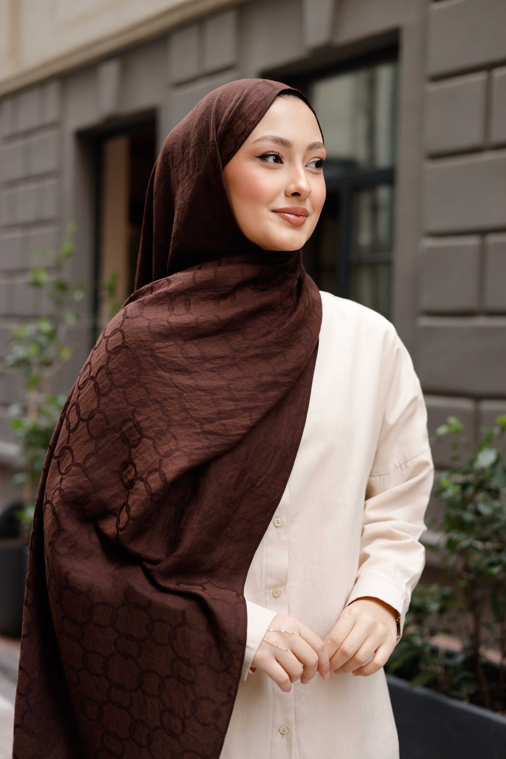 Soft Jakar Şal - Zincir Desen - Kahverengi