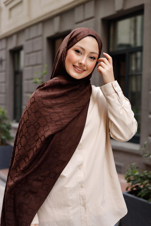 Soft Jakar Şal - Zincir Desen - Kahverengi