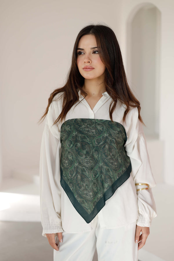 %100 Organik Pamuk Fular - Şal Desen - Koyu Yeşil