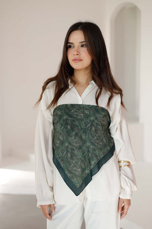 %100 Organik Pamuk Fular - Şal Desen - Koyu Yeşil