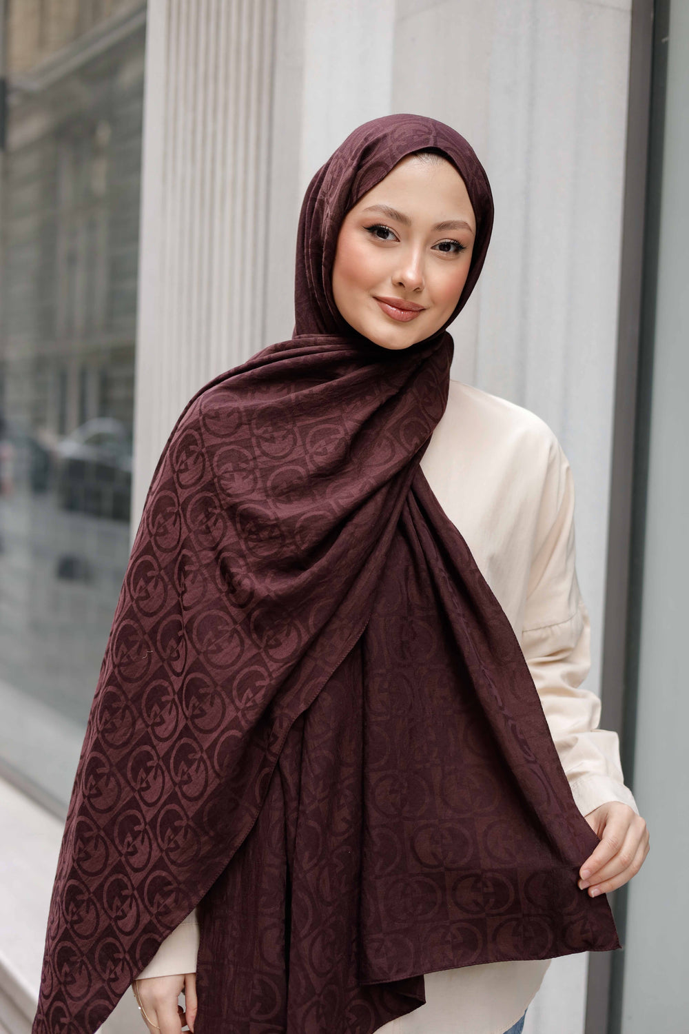 Soft Jakar Şal - Dama Desen - Koyu Mürdüm