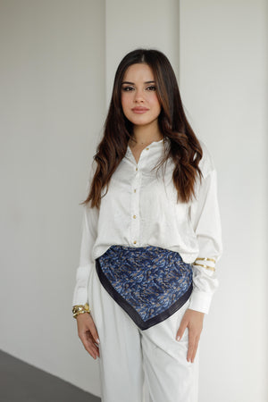 %100 Organik Pamuk Fular - Yaprak Desen - Lacivert