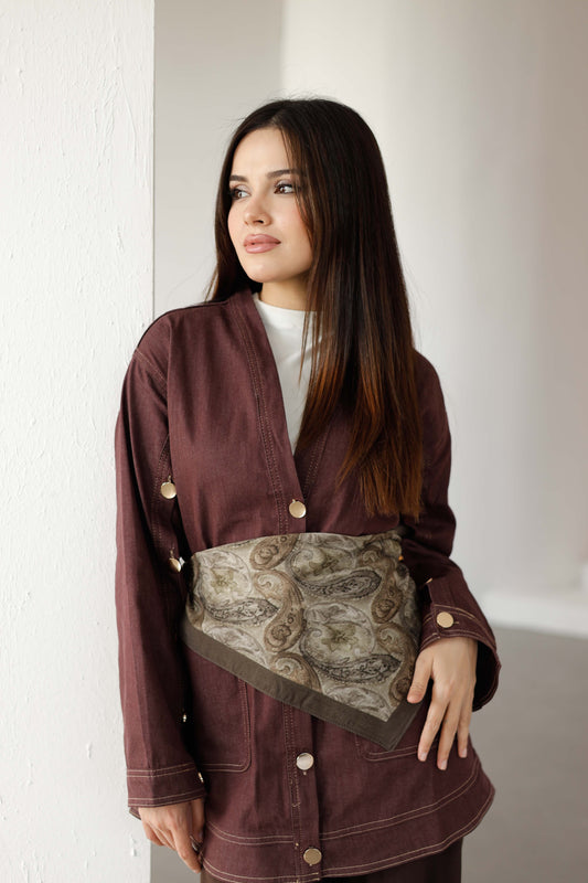 %100 Organik Pamuk Fular - Şal Desen - Haki Yeşili