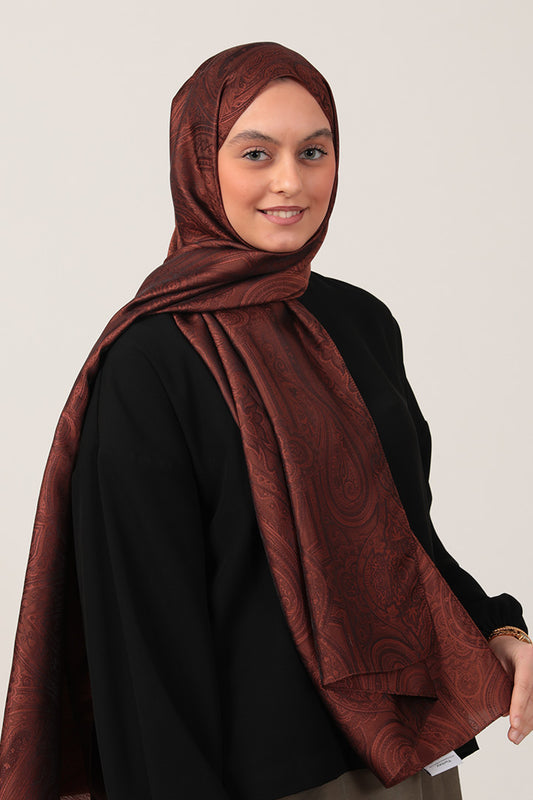 İpeksi Çift Taraflı Jakar Şal - Hint - Bakır