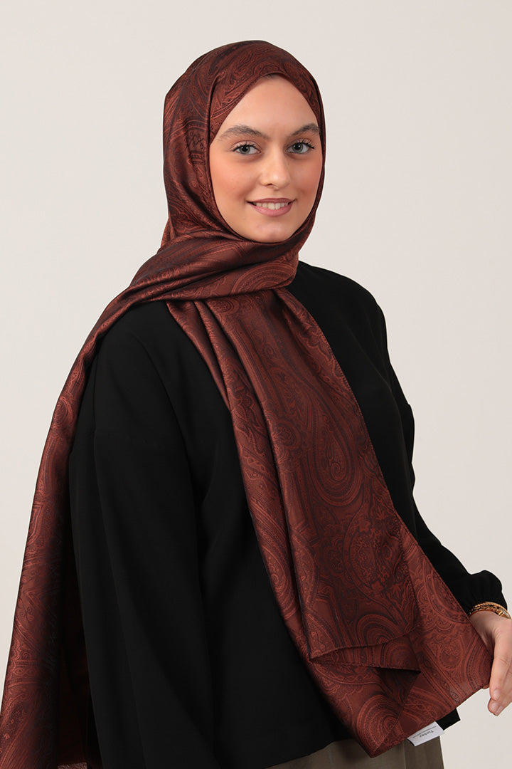 İpeksi Çift Taraflı Jakar Şal - Hint - Bakır