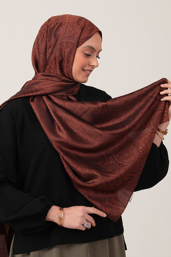 İpeksi Çift Taraflı Jakar Şal - Hint - Bakır