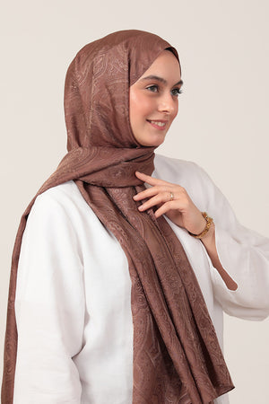 İpeksi Çift Taraflı Jakar Şal - Hint Desen - Tatlı Kahve