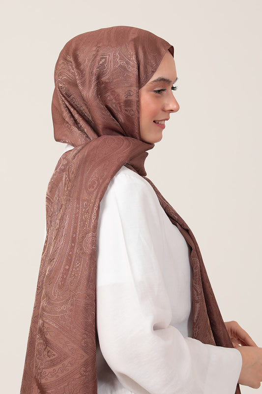 İpeksi Çift Taraflı Jakar Şal - Hint Desen - Tatlı Kahve