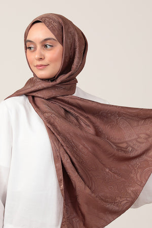 İpeksi Çift Taraflı Jakar Şal - Hint Desen - Tatlı Kahve