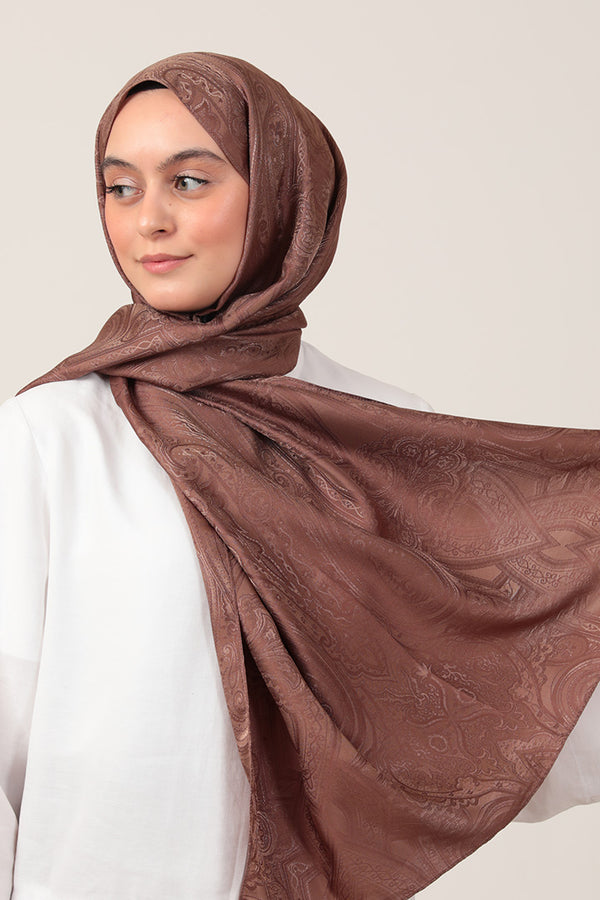 İpeksi Çift Taraflı Jakar Şal - Hint Desen - Tatlı Kahve