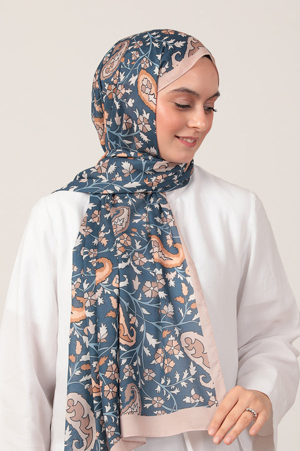 Pamuk İpek Şal - Etnik Floral Desen - Vizon Mavi