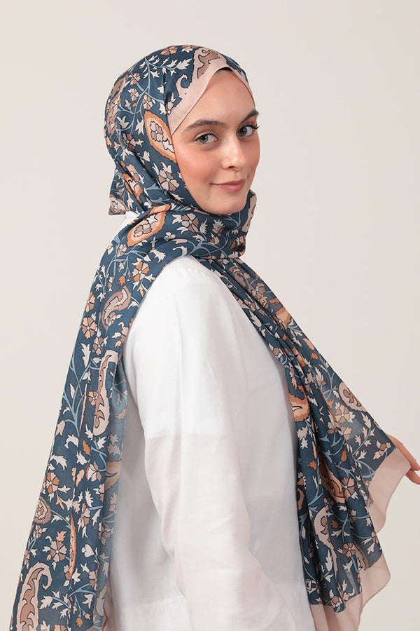 Pamuk İpek Şal - Etnik Floral Desen - Vizon Mavi