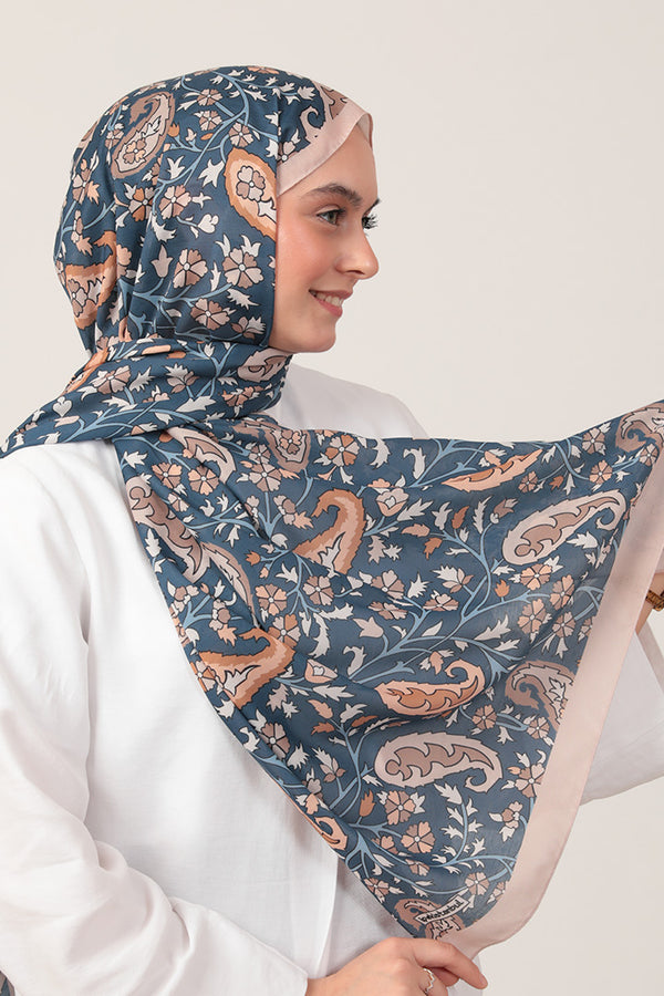 Pamuk İpek Şal - Etnik Floral Desen - Vizon Mavi
