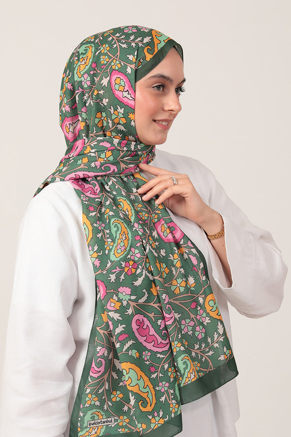 Pamuk İpek Şal - Etnik Floral Desen - Haki Yeşili
