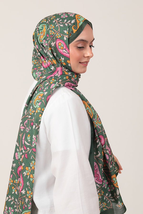 Pamuk İpek Şal - Etnik Floral Desen - Haki Yeşili