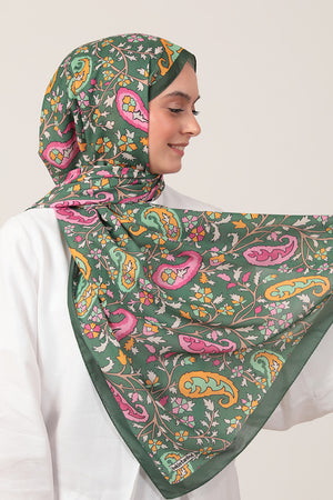 Pamuk İpek Şal - Etnik Floral Desen - Haki Yeşili